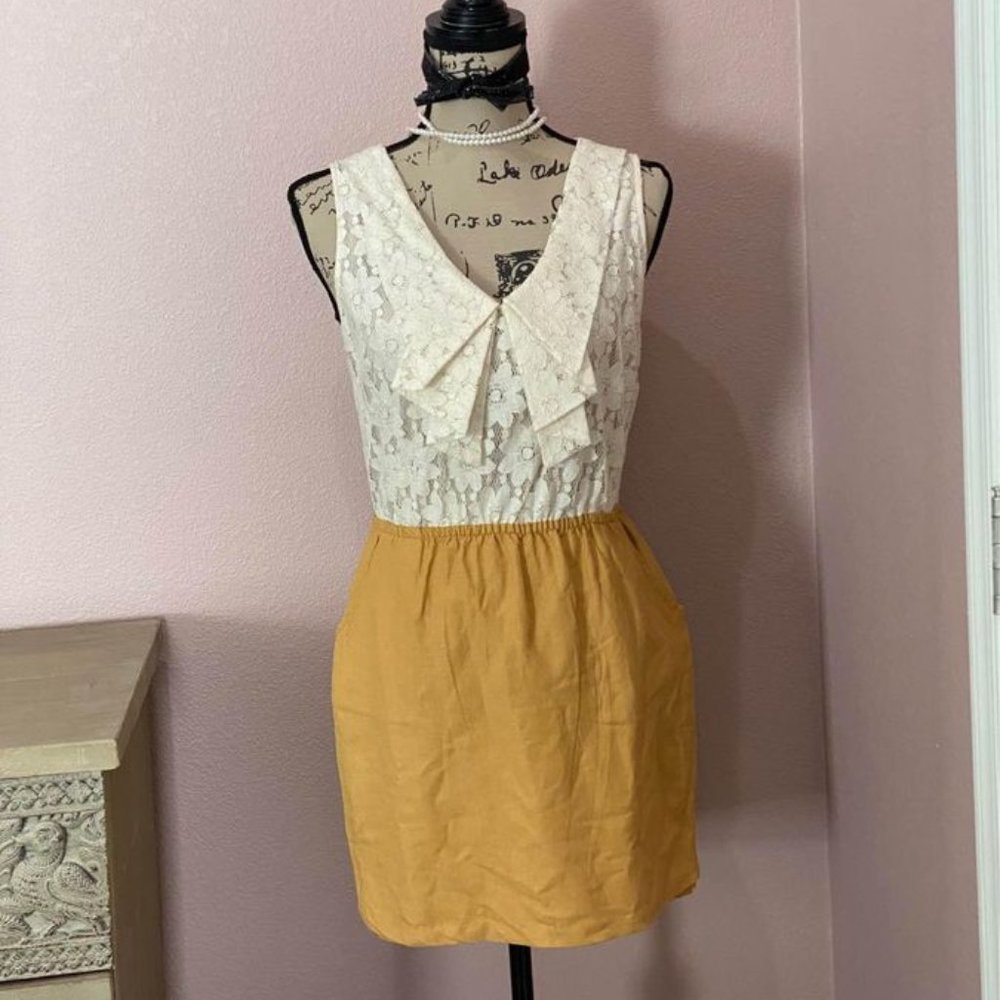 Love21 Cream/Mustard Laced Dress W/Pockets - S